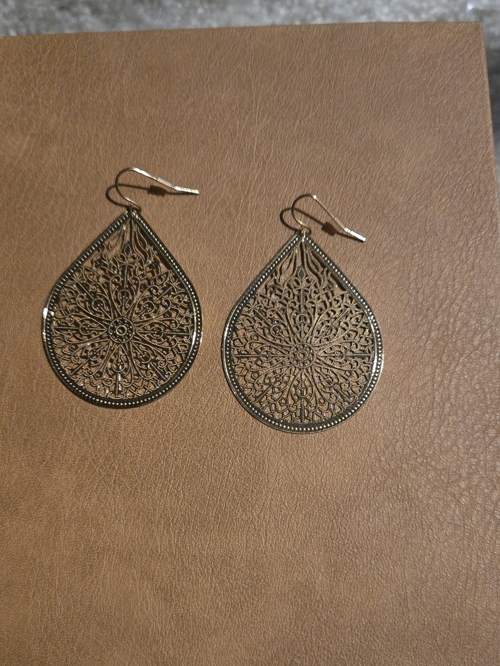 Intricate Filigree Teardrop Earrings in Antique Gold